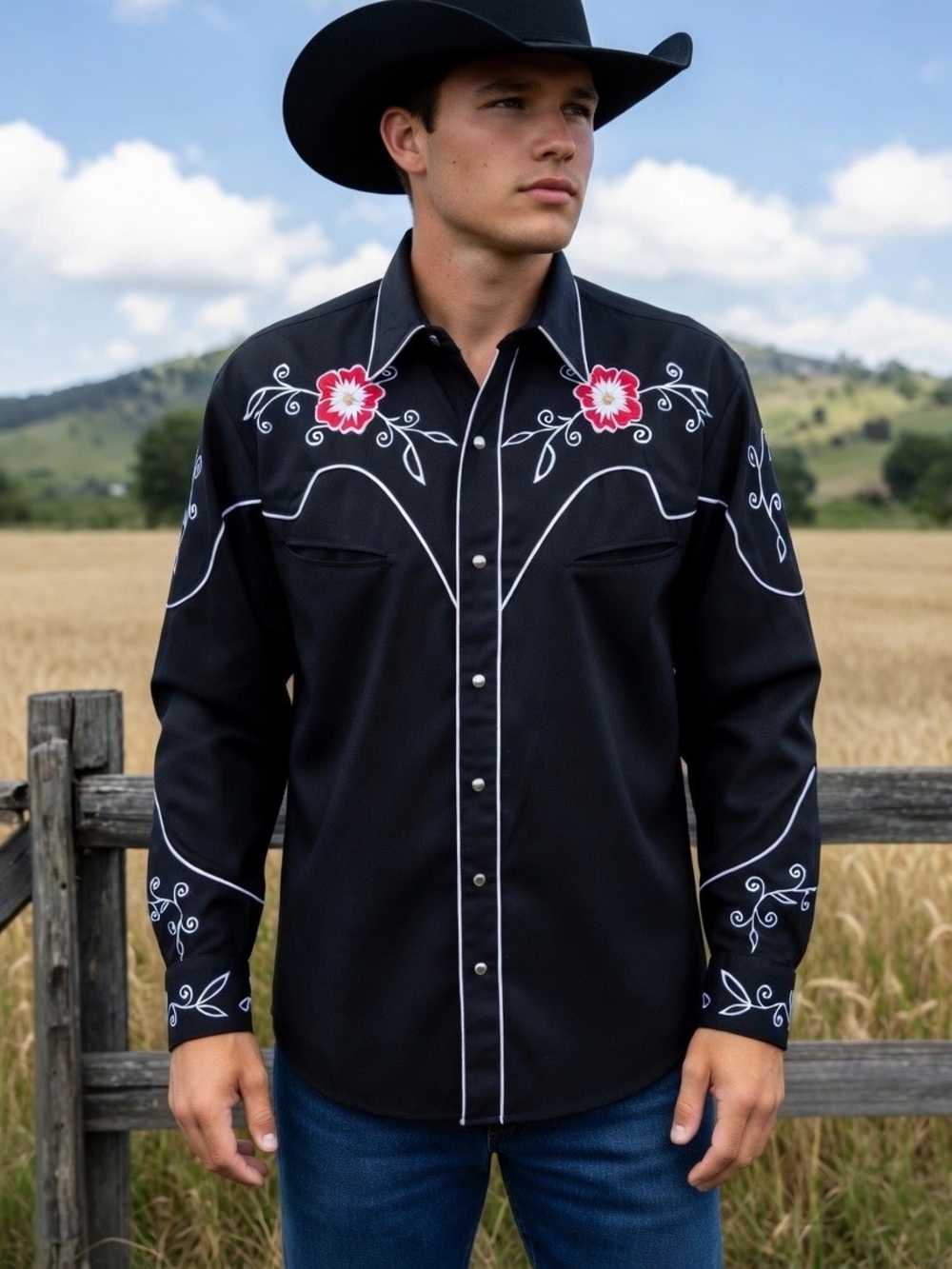 MWG Men's Vintage Black Western Floral Embroidered Pearl Snap-Front Shirt Size M